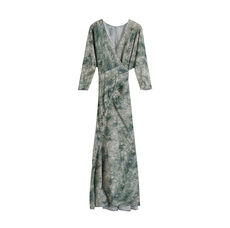 Elegant Jade Silk Wrap Dress with long sleeves and flowing fabric for a stylish look