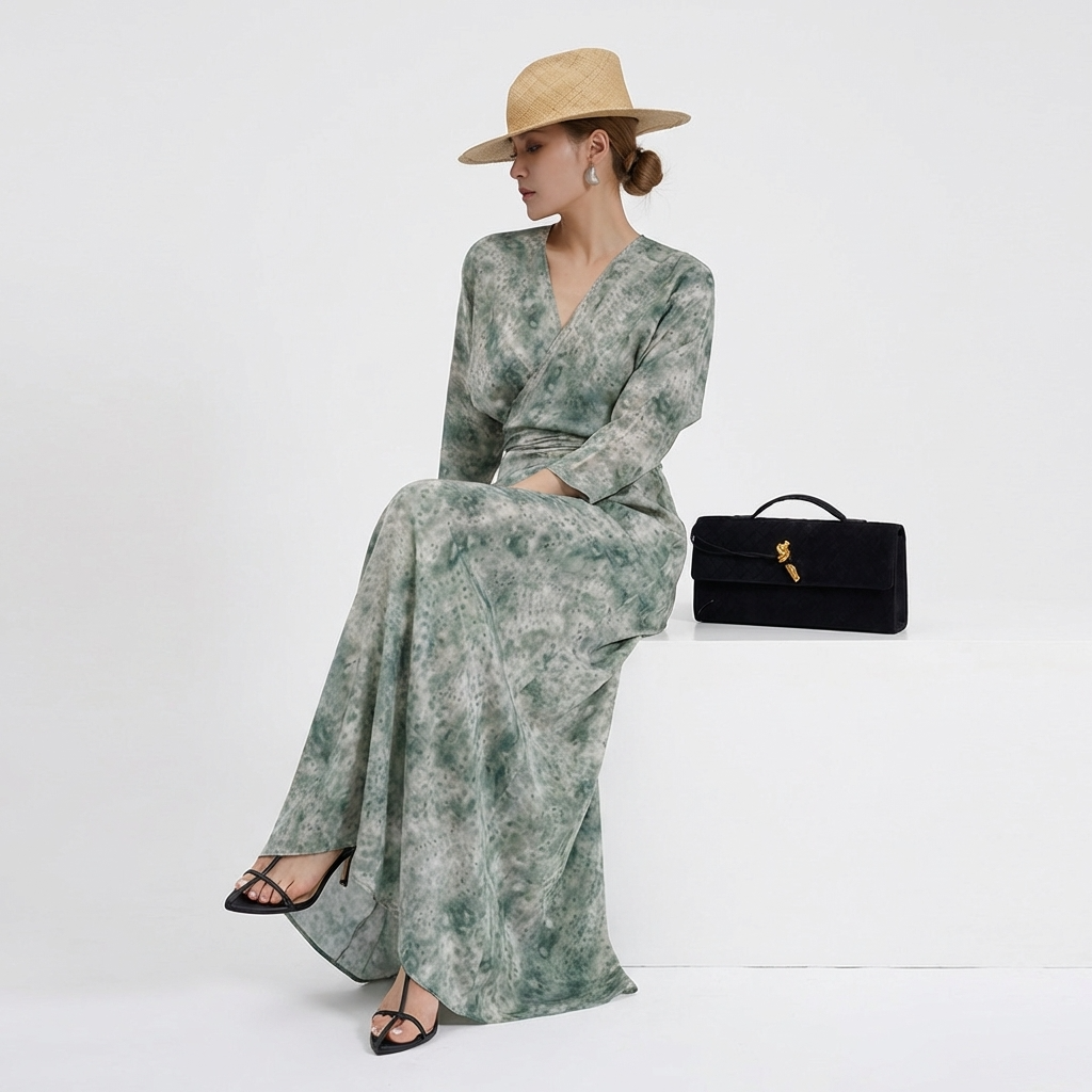 Elegant Jade Silk Wrap Dress featuring a deep V-neck and long sleeves for a stylish look