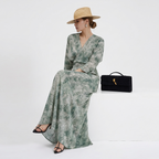 Elegant Jade Silk Wrap Dress featuring a deep V-neck and long sleeves for a stylish look