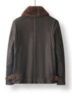 Back view of the Kael Distressed Goatskin Leather Jacket with a plush collar and adjustable straps