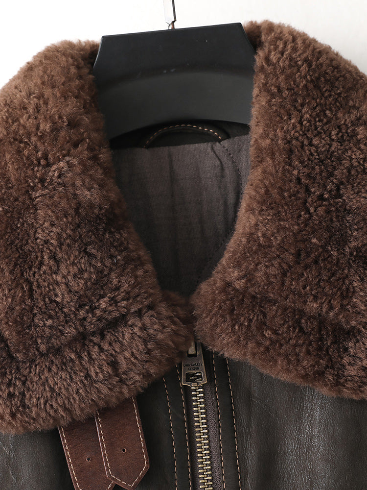 Close-up of the collar on the Kael Distressed Goatskin Leather Jacket featuring a soft brown fur lining