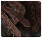 Close-up of the AM Vision RO Kael Distressed Goatskin Leather Jacket showcasing the soft shearling collar and detailed stitching