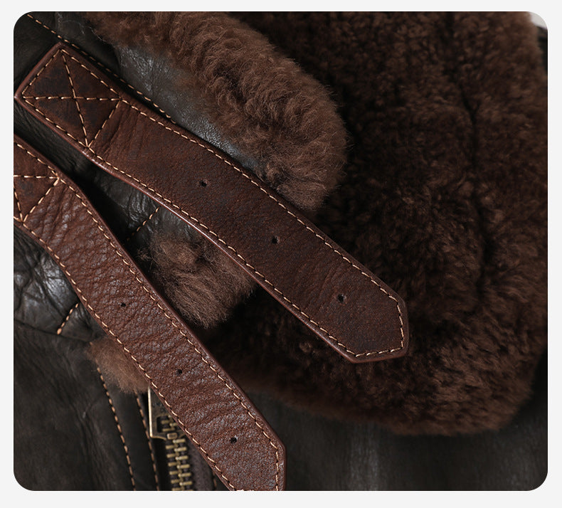 Close-up of the AM Vision RO Kael Distressed Goatskin Leather Jacket showcasing the soft shearling collar and detailed stitching