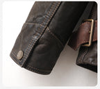 Close-up of the sleeve detail on a Kael Distressed Goatskin Leather Jacket showcasing stitching and hardware