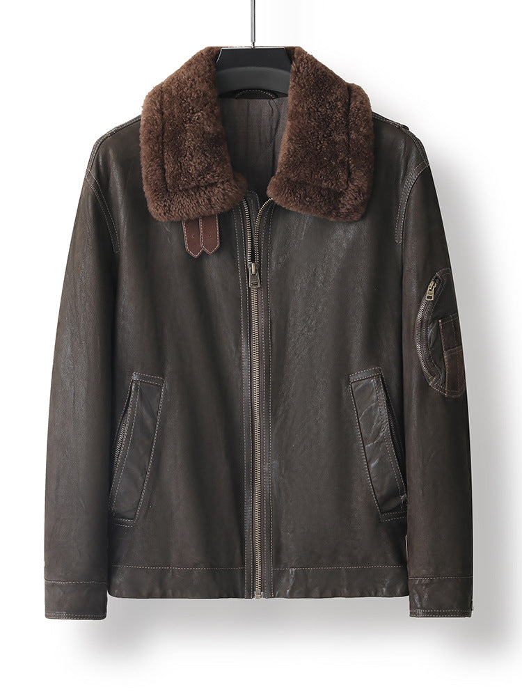 Kael Distressed Goatskin Leather Jacket with a Brown Fur Collar for a Stylish Look