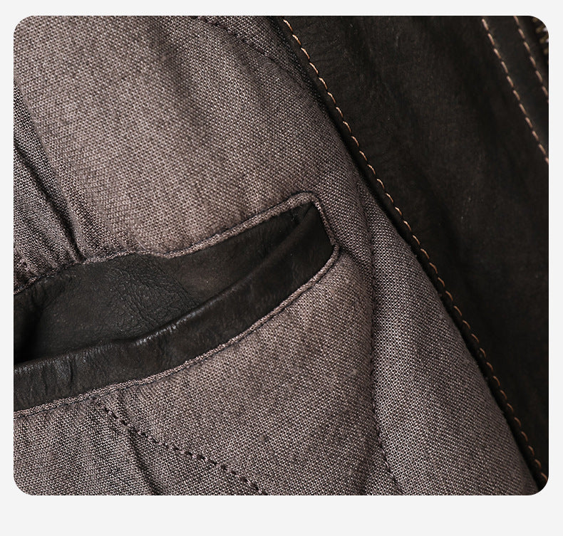 Inside view of Kael Distressed Goatskin Leather Jacket featuring sleek pocket design