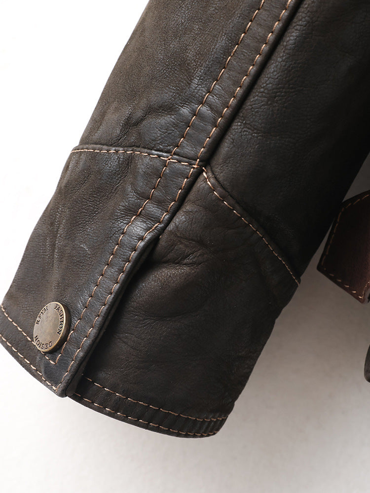 Close-up of the sleeve detailing on the Kael Distressed Goatskin Leather Jacket showcasing stitching and hardware