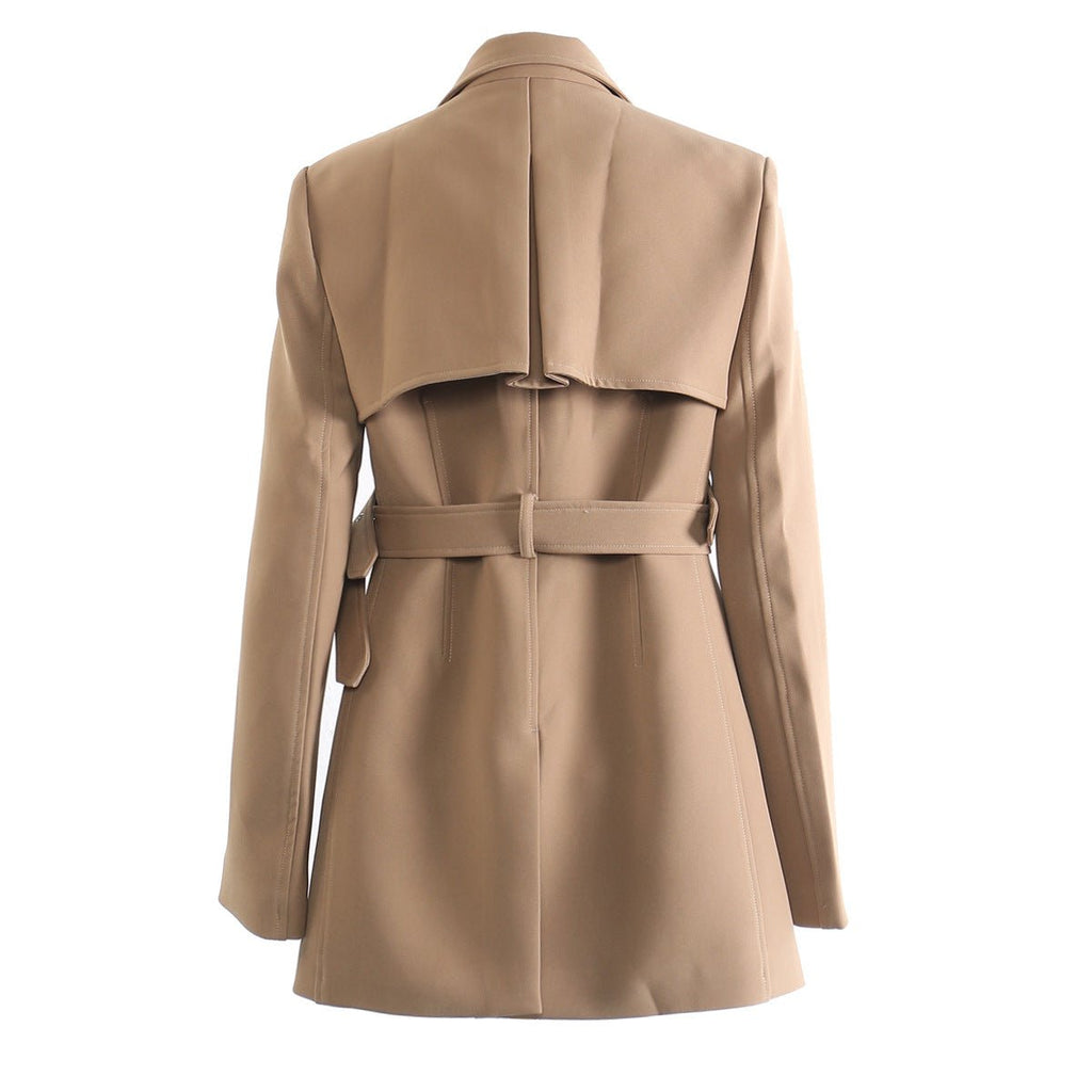 Back view of a stylish khaki trench coat for women with a belted waist and elegant design