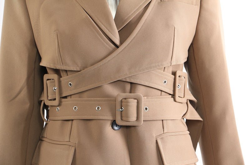 Stylish khaki trench coat for women with a belted waist and double-breasted design