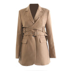 Stylish khaki trench coat for women with a belted waist and structured design for a flattering fit