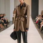Stylish khaki trench coat for women with a belted waist and tailored fit, perfect for fall fashion