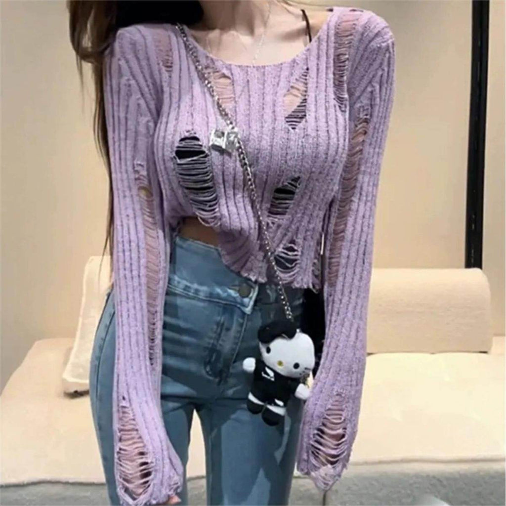 Fashionable knitted blouse with cut-outs in lavender color for a trendy casual look