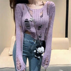 Fashionable knitted blouse with cut-outs in lavender color for a trendy casual look
