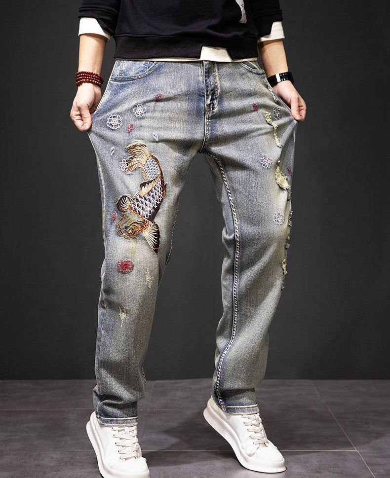 Koi Dynasty Embroidered Jeans with Unique Fish Designs and Distressed Details for Stylish Casual Wear
