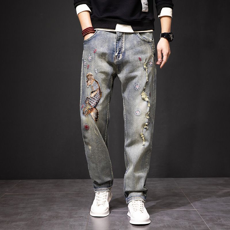 Koi Dynasty Embroidered Jeans with Unique Fish and Floral Designs for Stylish Casual Wear