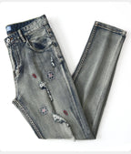 Koi Dynasty Embroidered Jeans with Distressed Detailing and Colorful Floral Embroidery