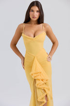Lace Charm Apricot Dress with Ruffled Detailing and Spaghetti Straps for Elegant Style