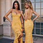 Two models wearing a Lace Charm Apricot Dress with ruffled details and elegant designs for special occasions