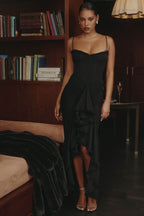 Elegant Lace Charm Intense Black Dress with spaghetti straps and ruffled hem for a chic evening look