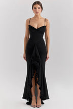 Elegant Lace Charm Intense Black Dress with ruched design and lace detailing for a stunning evening look