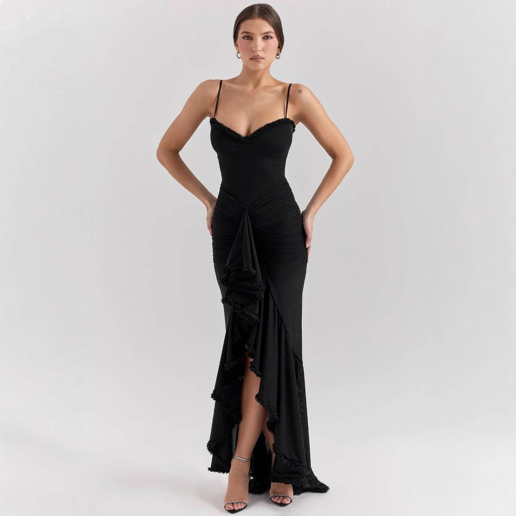 Elegant Lace Charm Intense Black Dress with a ruffled hem and slim fit silhouette