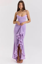 Lace Charm Orchid Dress in lavender with ruffled hem and adjustable straps for elegant occasions