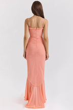 Back view of Lace Charm Pink Champagne Dress featuring a fitted design and elegant flared hem