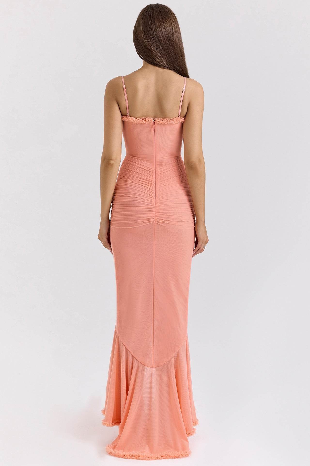 Back view of Lace Charm Pink Champagne Dress featuring a fitted design and elegant flared hem