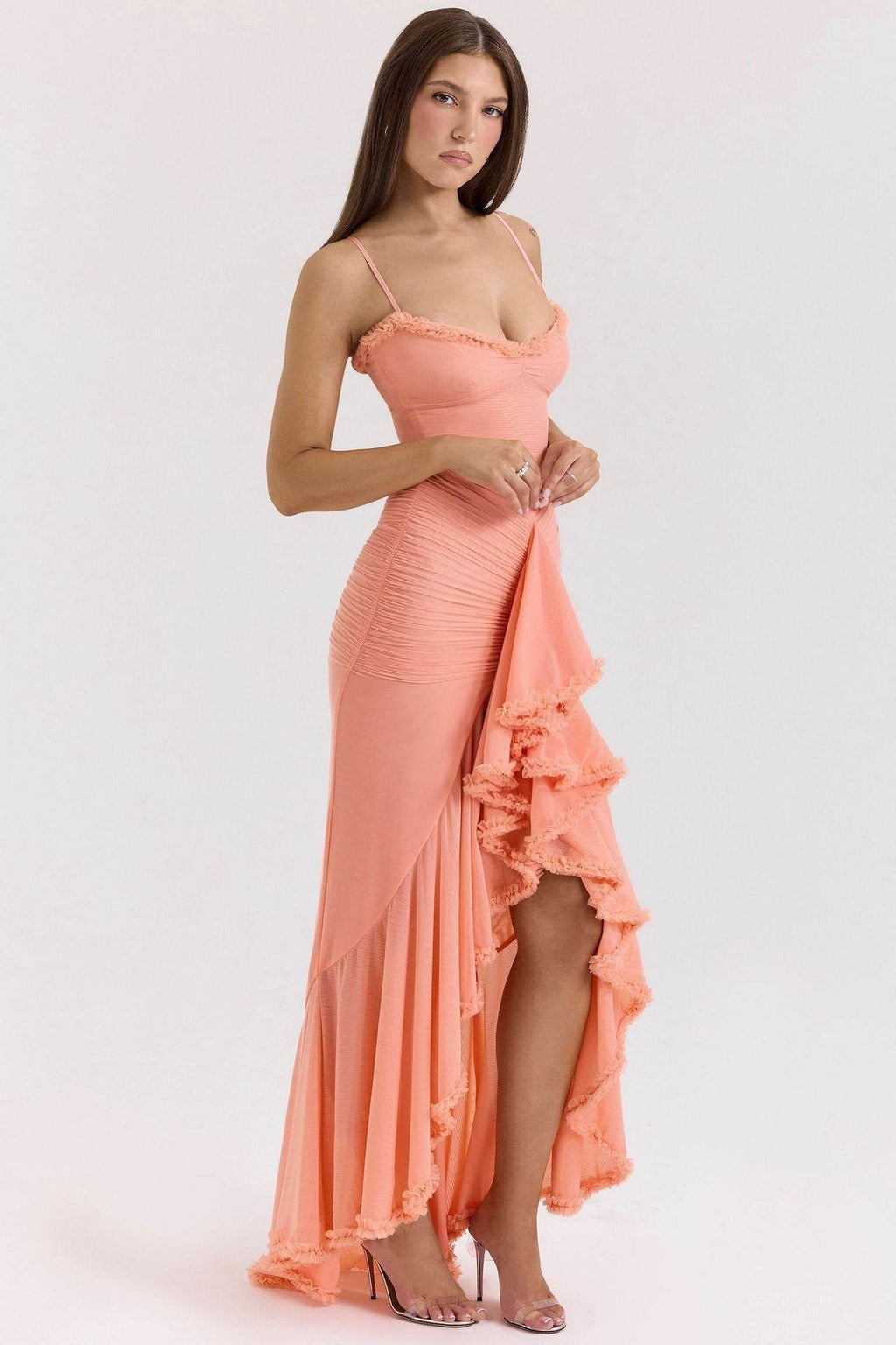 Lace Charm Pink Champagne Dress with Ruffled Hem and Adjustable Spaghetti Straps for a Stylish Look