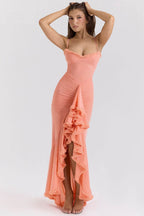 Lace Charm Pink Champagne Dress with Ruffled Design and Spaghetti Straps for Elegant Occasions