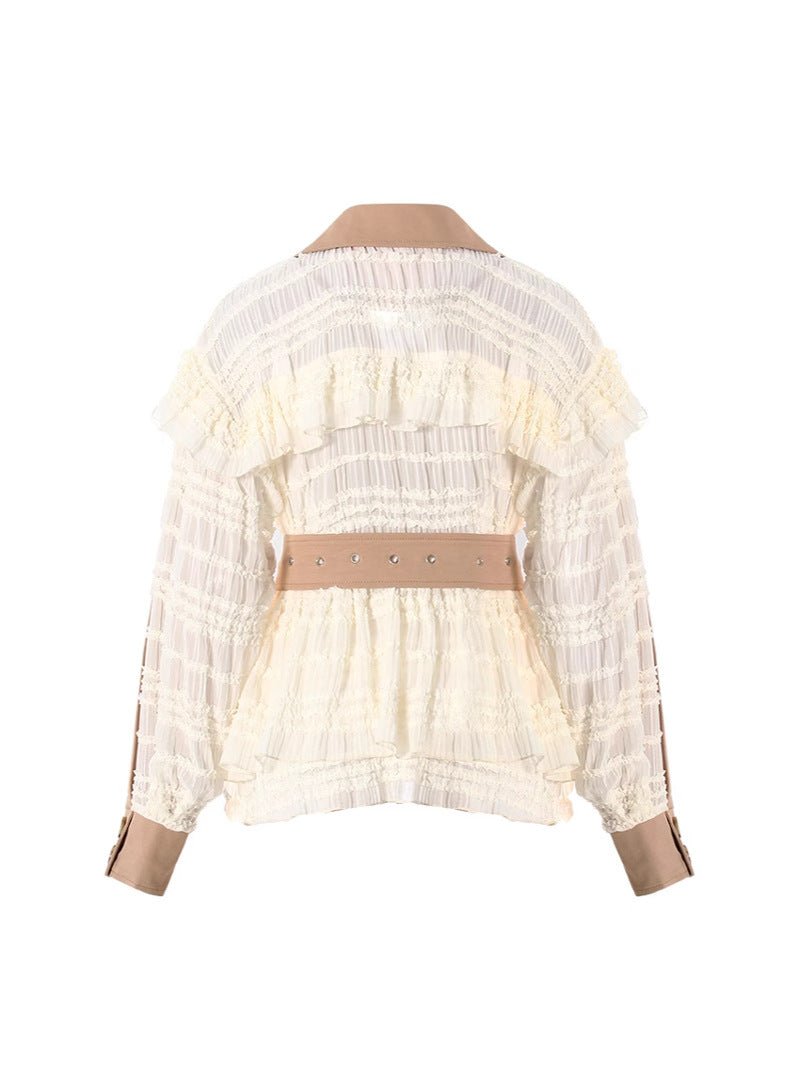 AM Vision RO Lace Detail Jacket - Elegant Spring Style with ruffled design and belted waist