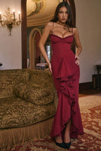 Elegant lace red wine evening dress with ruffle details and fitted silhouette for formal occasions