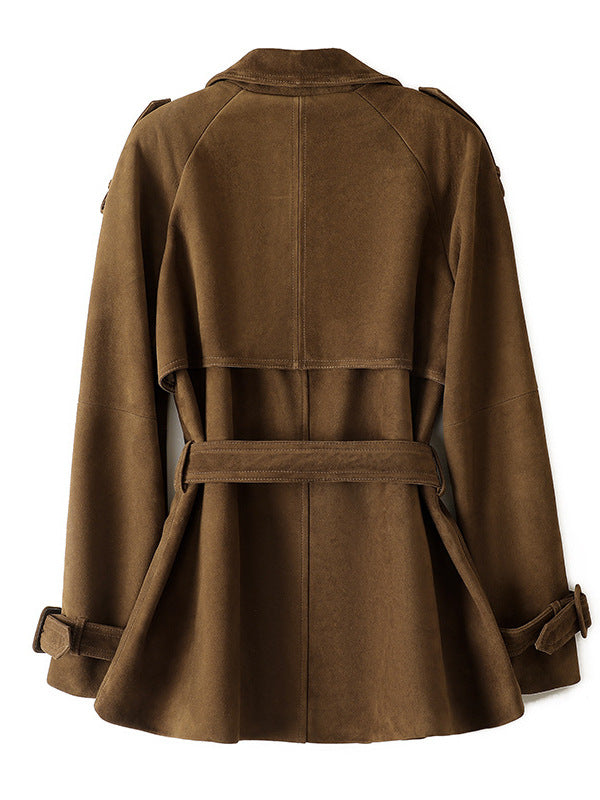 Brown Leonora Suede Coat with a stylish belted waist and elegant flap detail