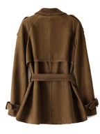 Brown Leonora Suede Coat with a stylish belted waist and elegant flap detail
