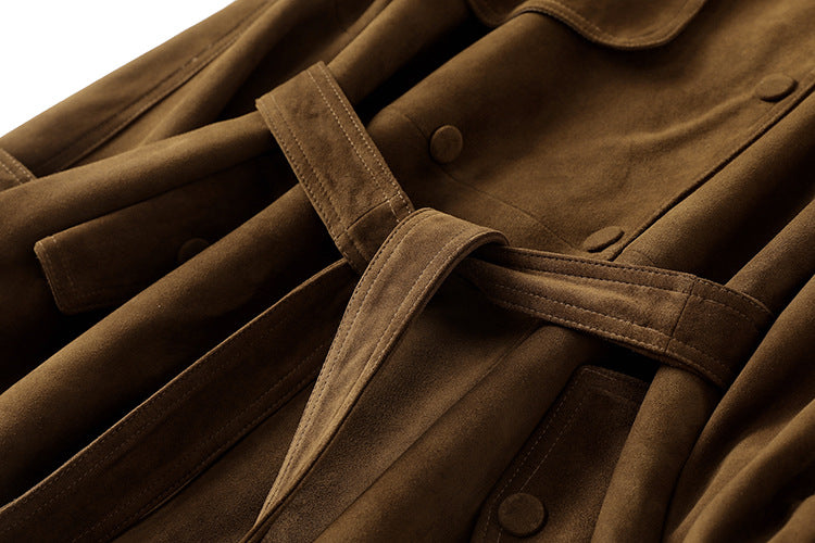 Leonora Suede Coat in brown with a stylish belt and button details for fashionable layering