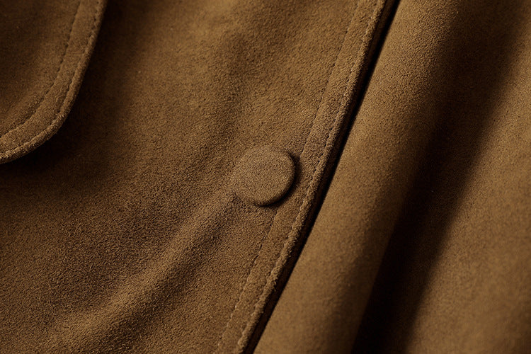 Close-up of the Leonora Suede Coat showcasing its soft texture and button detail in rich brown