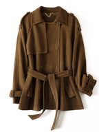 Leonora Suede Coat in brown with a stylish belted design and shoulder details for a chic look