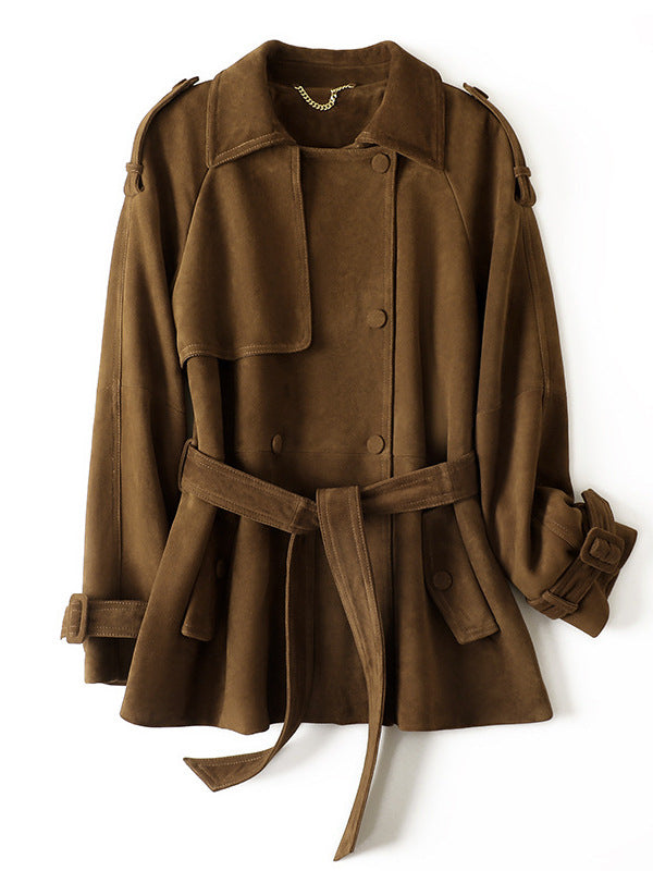 Leonora Suede Coat in brown with a stylish belted design and shoulder details for a chic look