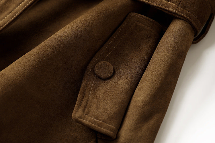 Close-up of AM Vision RO Leonora Suede Coat showing the soft texture and stylish button detail