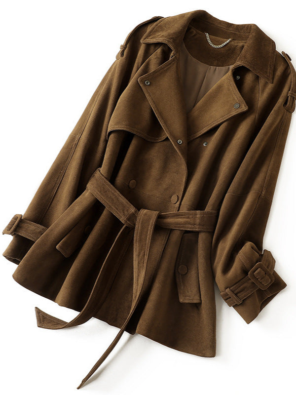 Leonora Suede Coat in brown with a stylish belted design and elegant collar for chic layering