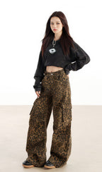 Fashionable leopard print cargo pants with a relaxed fit and multiple pockets for a trendy look
