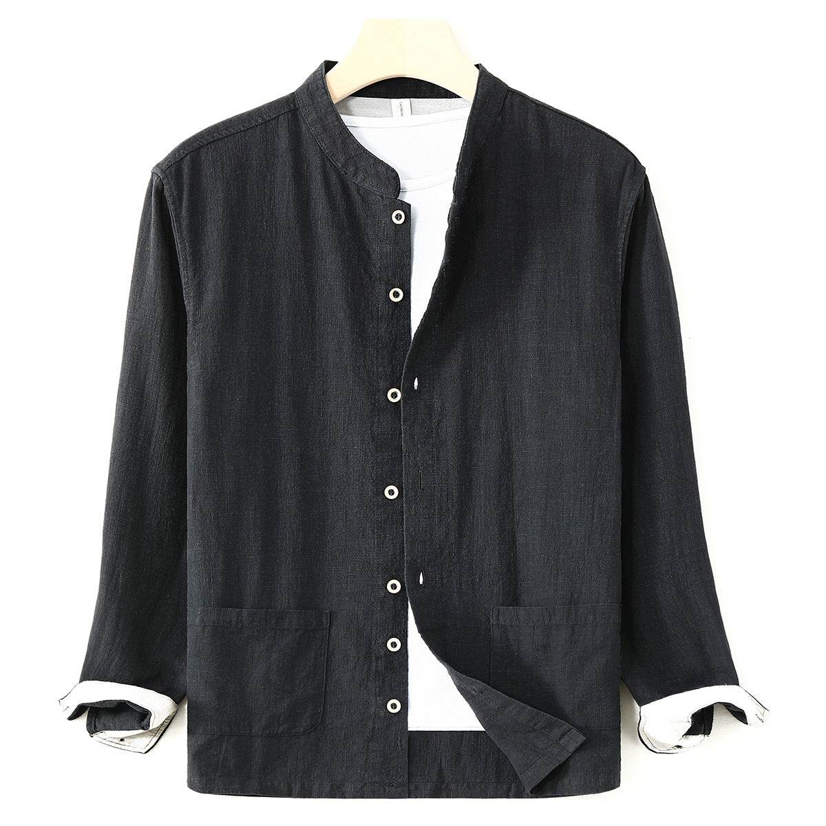 AM Vision RO Linen Cardigan Shirt in Dark Color with Button Closure and Pockets for Casual Style