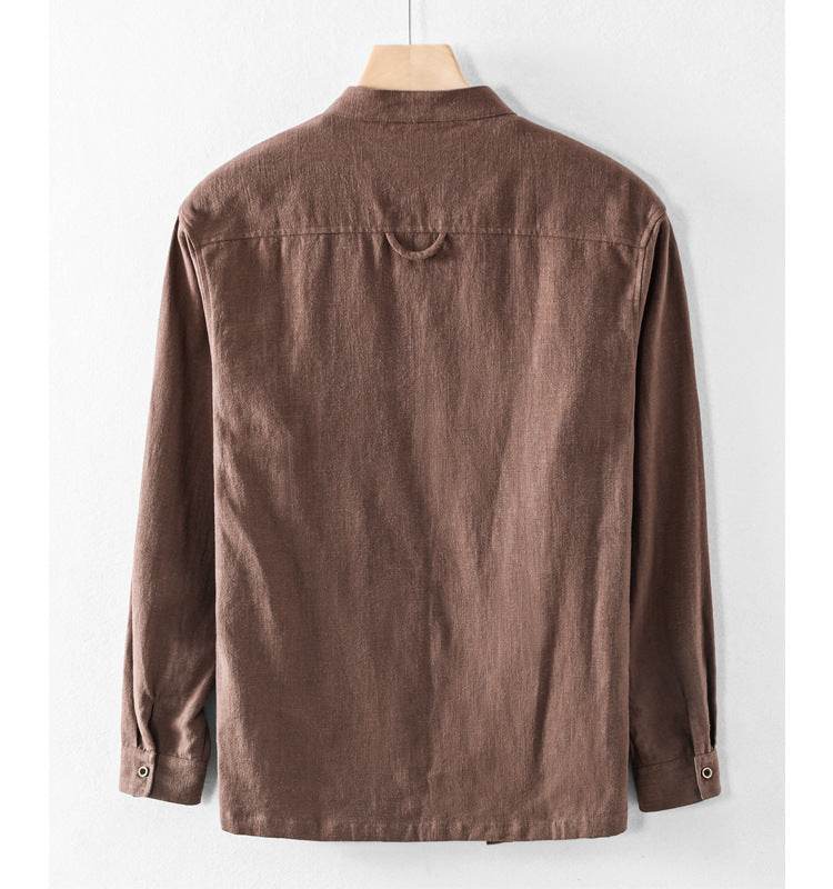 Brown Linen Cardigan Shirt with Long Sleeves and Button Detail on the Back