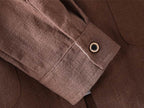 Close-up of AM Vision RO Linen Cardigan Shirt sleeve in a rich brown color featuring a button detail