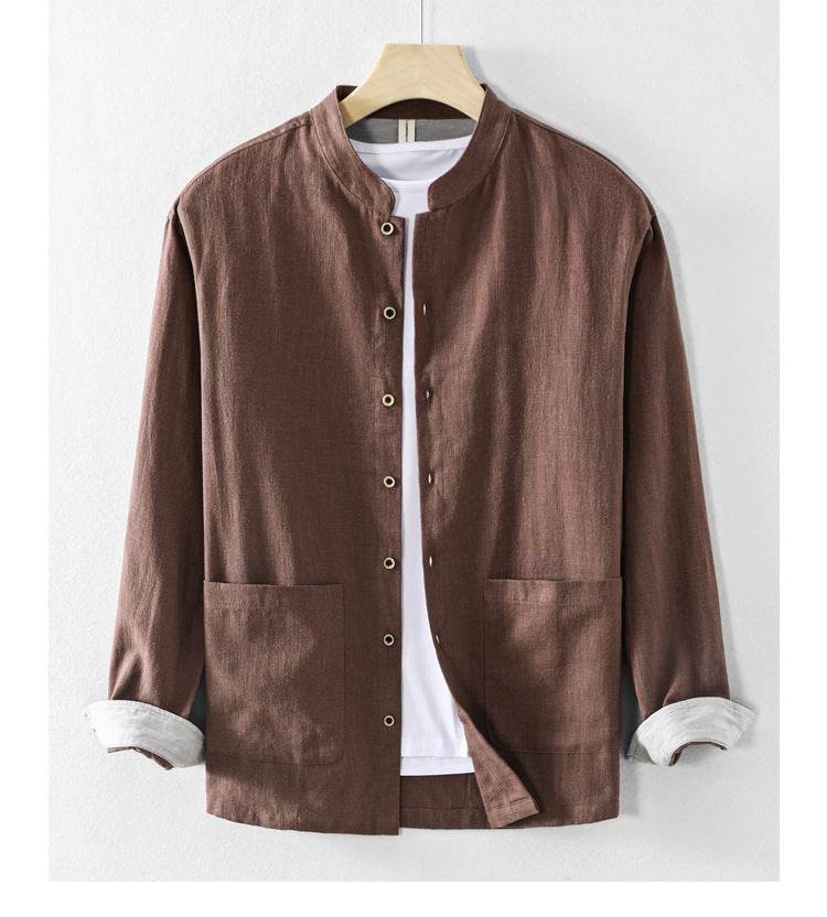 Stylish AM Vision RO Linen Cardigan Shirt in brown with button-up front and pocket detail