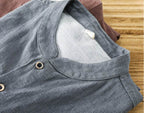 AM Vision RO Linen Cardigan Shirt in gray with wooden buttons and a soft collar detail
