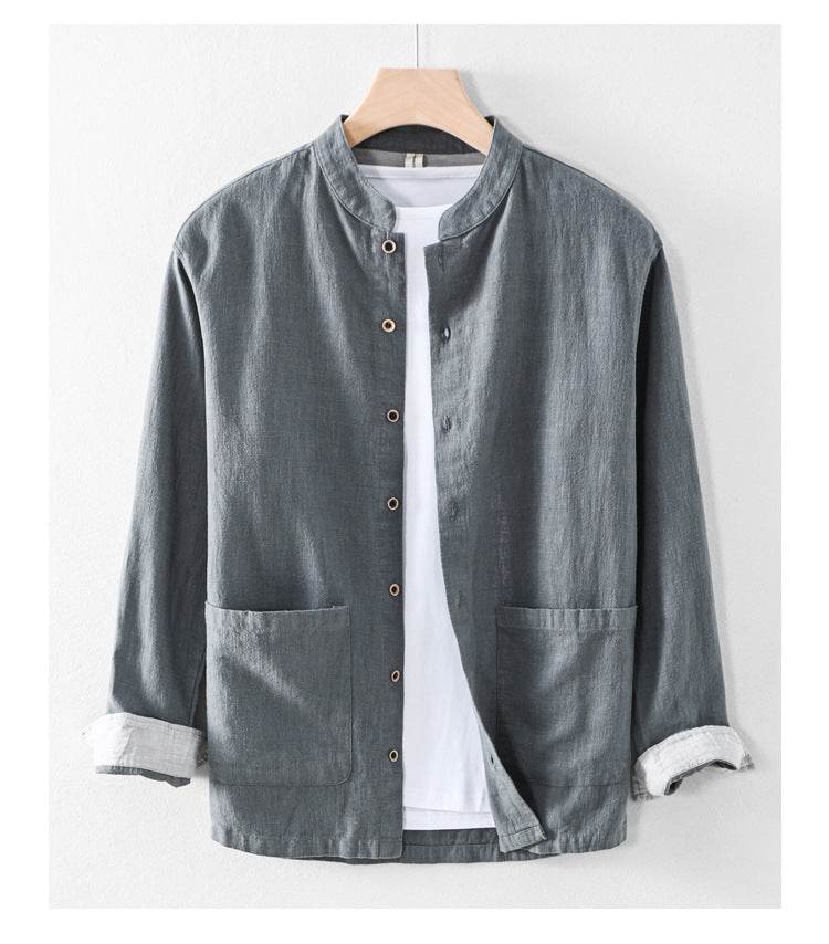 AM Vision RO Linen Cardigan Shirt in Gray with Button Front and Patch Pockets