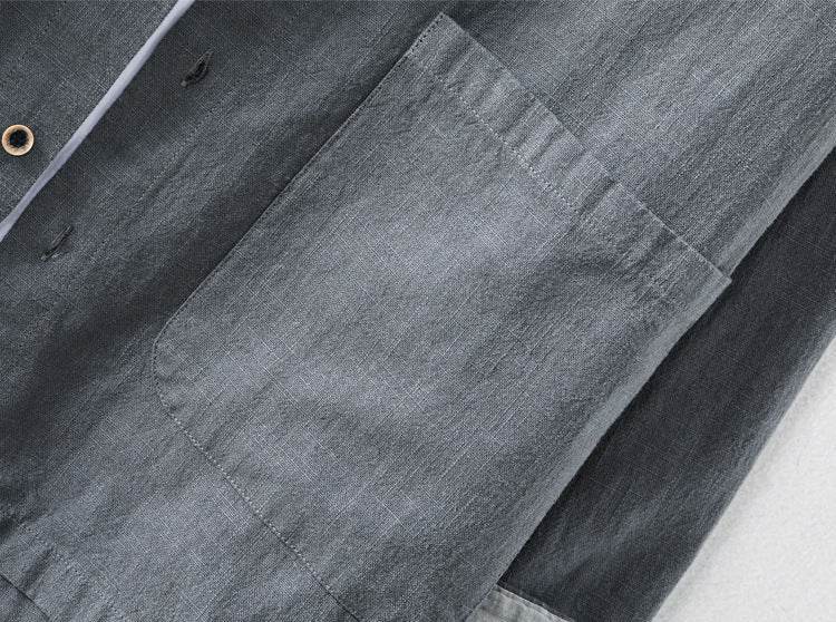 Close-up of an AM Vision RO Linen Cardigan Shirt showcasing its soft fabric and pocket detail