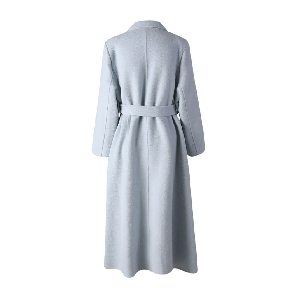 Long Baby Blue Wool Coat with a Belted Waist and Elegant Design for Stylish Winter Wear