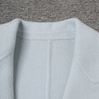 Close-up of the collar of a Long Baby Blue Wool Coat made by AM Vision RO